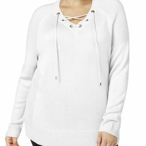 NWT Calvin Klein Women's White Laced-Up Grommet Mix Sweater Plus Size 1X